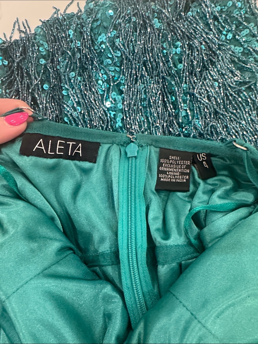 Teal Sequin Fringe V-Neck Mini Dress - Picture 3 of 5